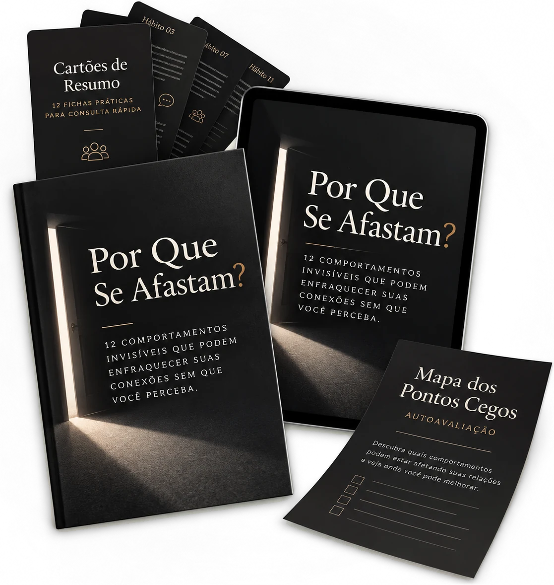 Mockup do kit Por Que Se Afastam?: livro digital, Cartões de Resumo e Mapa dos Pontos Cegos (imagem ilustrativa)